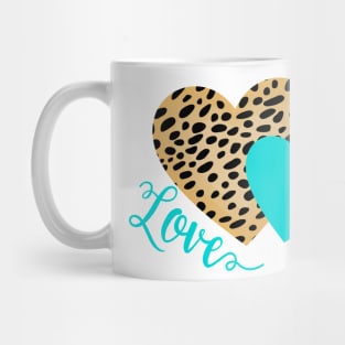 Cheetah Leopard with Turquoise Hearts and Love Text Mug